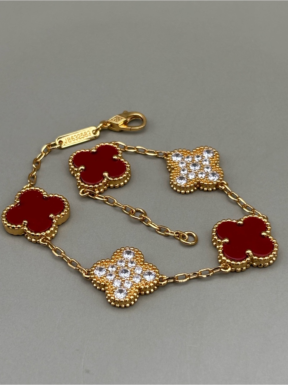 Gold-Tone 15mm Red Agate Clover Bracelet with Crystal Clover Accents - 8 inches